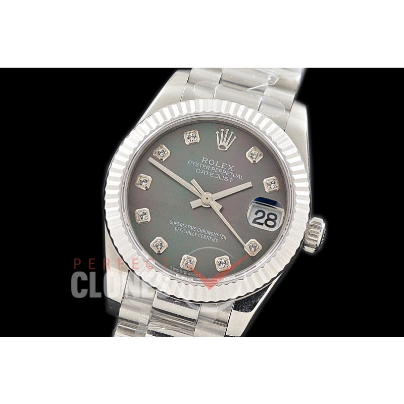R31DJS-318 Datejust Midsize 278289 SS/SS Fluted/President MOP Black Diamonds Asian Clone 2824
