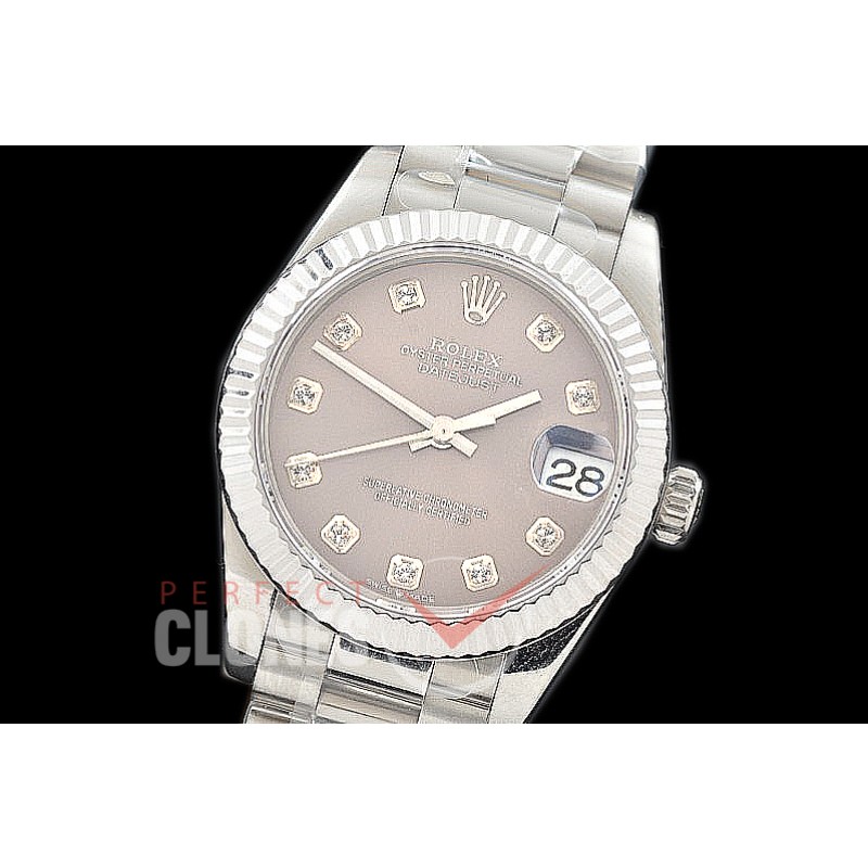R31DJS-313 Datejust Midsize 278289 SS/SS Fluted/President Dark Rhodium Grey Diamonds Asian Clone 2824