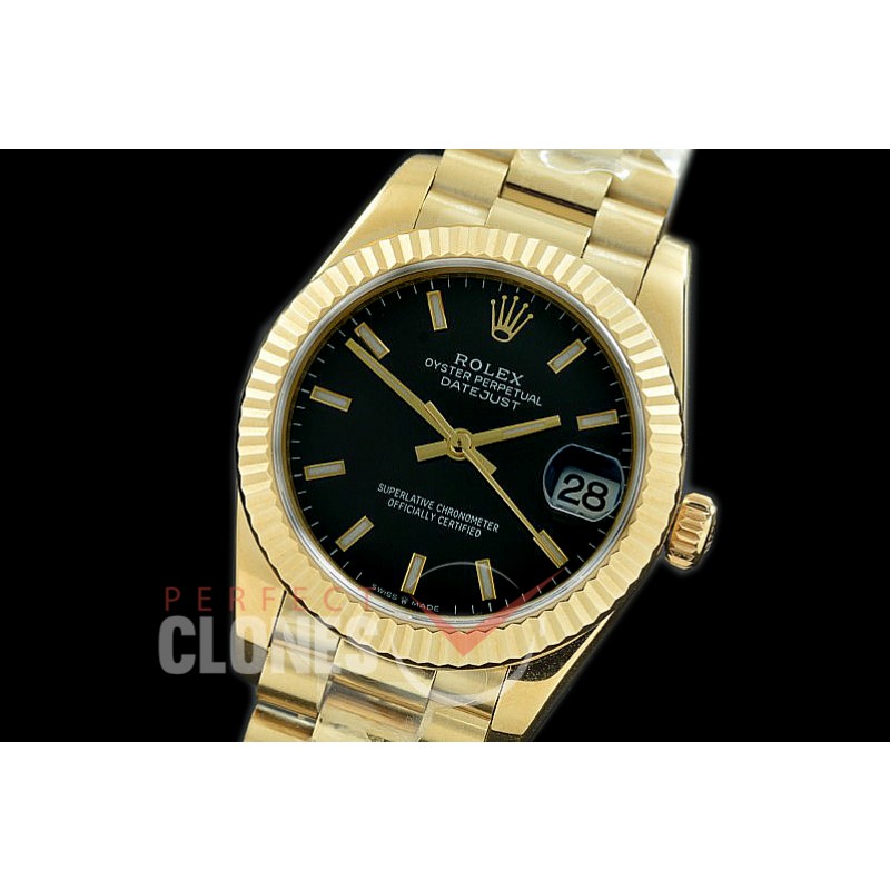R31DJF-302 Datejust Midsize 278288 YG/YG Fluted/President Black Sticks Asian Clone 2824