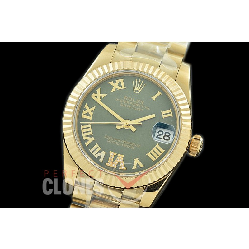 R31DJF-329 Datejust Midsize 278288 YG/YG Fluted/President Green Diam-Roman Asian Clone 2824