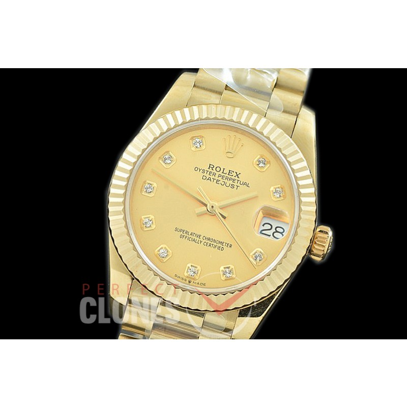 R31DJF-315 Datejust Midsize 278288 YG/YG Fluted/President Champagne Gold Diam Asian Clone 2824 
