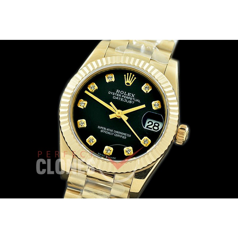 R31DJF-312 Datejust Midsize 278288 YG/YG Fluted/President Black Diam Asian Clone 2824
