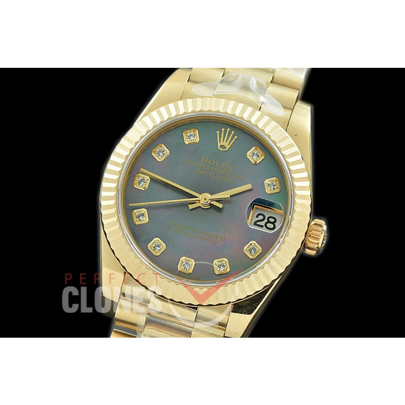 R31DJF-318 Datejust Midsize 278288 YG/YG Fluted/President MOP Black Diam Asian Clone 2824 0691s