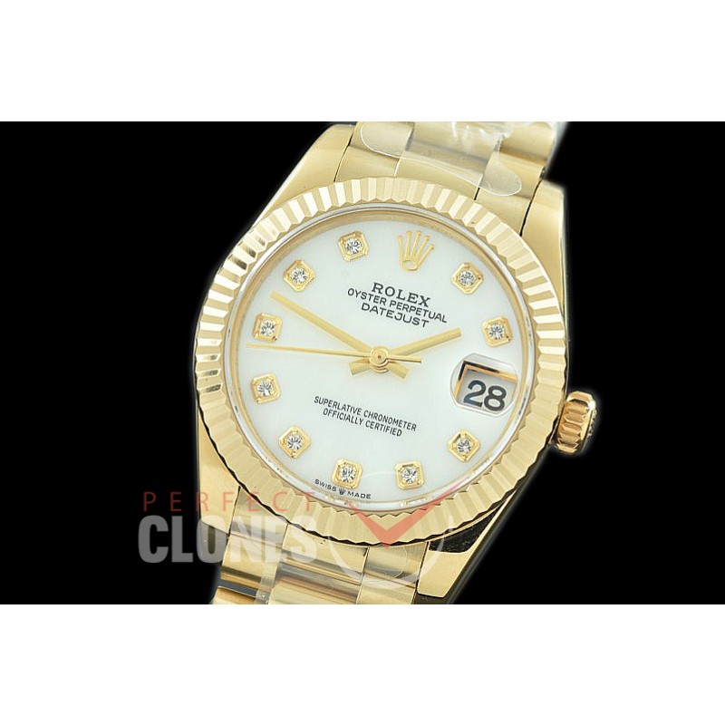 R31DJF-317 Datejust Midsize 278288 YG/YG Fluted/President MOP White Diam Asian Clone 2824