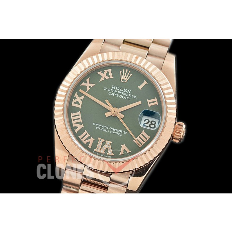 R31DJR-329 Datejust Midsize 278285 RG/RG Fluted/President Green Diam-Roman Asian Clone 2824