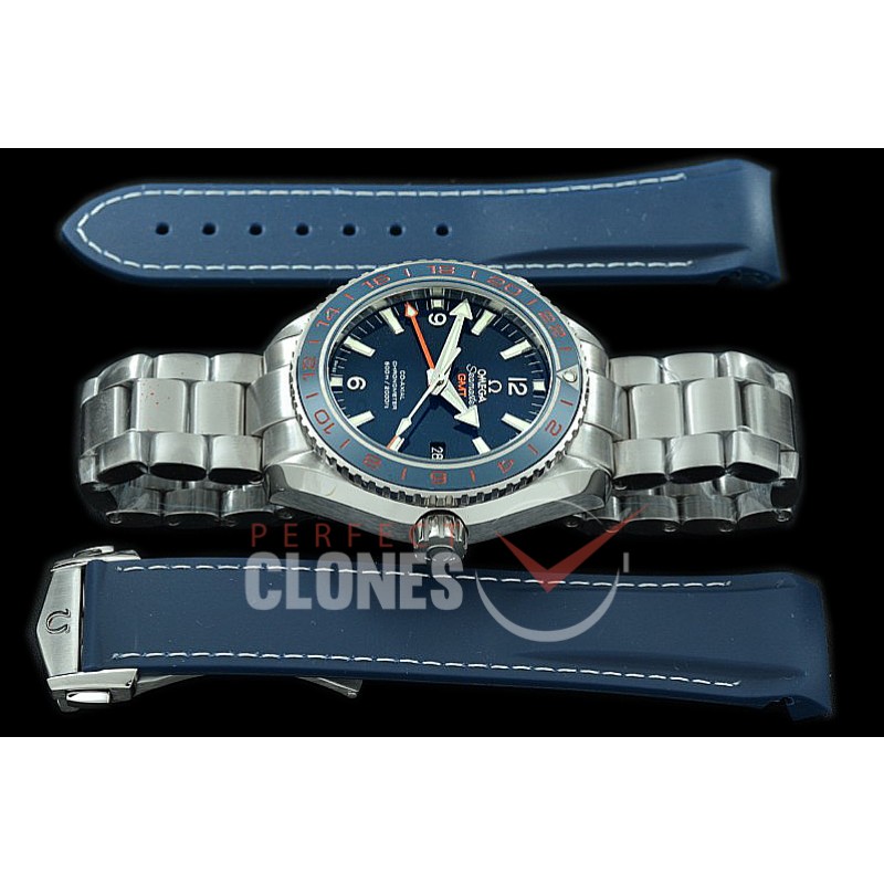 0 0 OMCPOGMT-084 XF Seamaster Planet Ocean Good Planet Foundation GMT 43.5mm Blue SS/SS VS 8605 Superclone - Rubber Strap Bundle