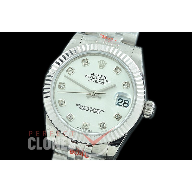 R31DJS-111 GMF 904 Steel Datejust Midsize 278274 SS/SS Fluted/Jubilee Silver Diamonds Asian Clone 2824