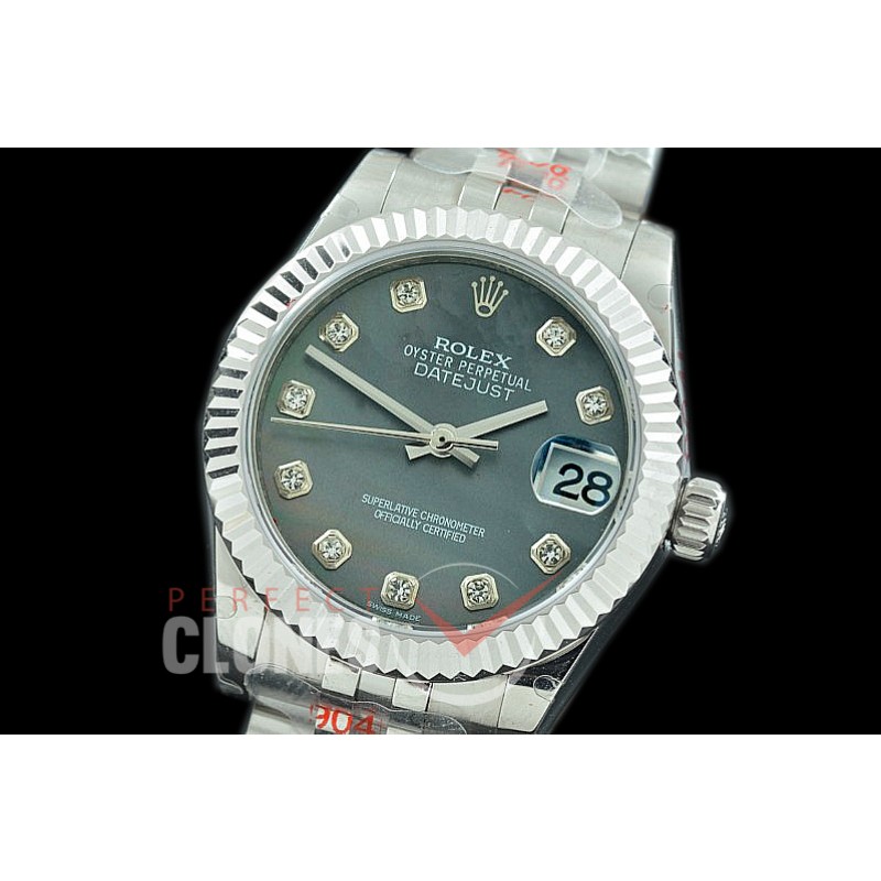 R31DJS-118 GMF 904 Steel Datejust Midsize 278274 SS/SS Fluted/Jubilee MOP Black Diamonds Asian Clone 2824