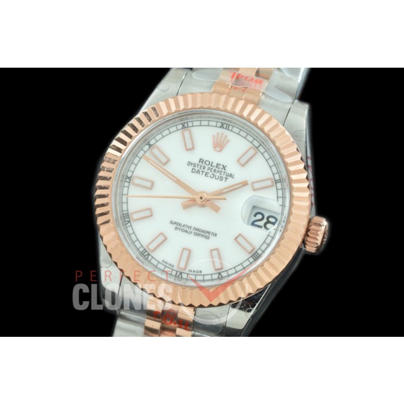 R31DJTR-101 GMF 904 Steel Datejust Midsize 278271 SS/RG Fluted/Jubilee White Sticks Asian Clone 2824