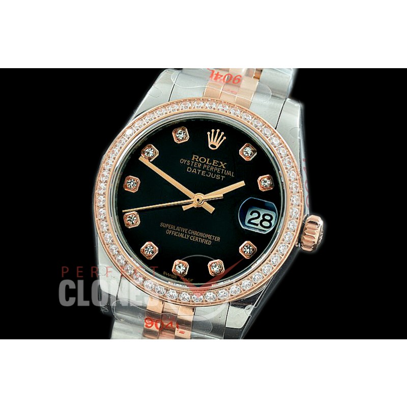 R31DJTR-112D GMF 904 Steel Datejust Midsize 278381 SS/RG Fluted/Jubilee Black Diamonds Asian Clone 2824