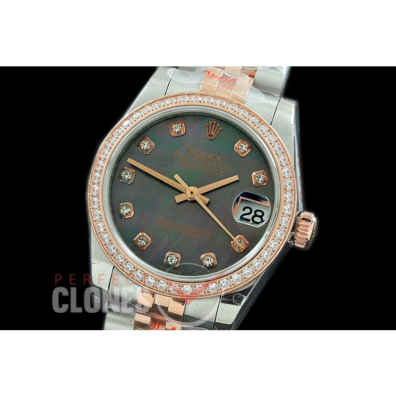 R31DJTR-118D GMF 904 Steel Datejust Midsize 278381 SS/RG Fluted/Jubilee MOP Black Diamonds Asian Clone 2824