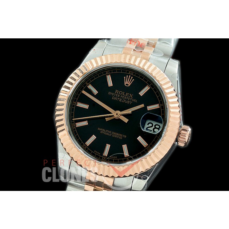 R31DJTR-102 GMF 904 Steel Datejust Midsize 278271 SS/RG Fluted/Jubilee Black Sticks Asian Clone 2824