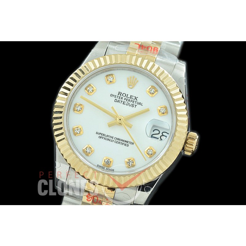 R31DJT-111 GMF 904 Steel Datejust Midsize 278273 SS/YG Fluted/Jubilee White Diamonds Asian Clone 2824