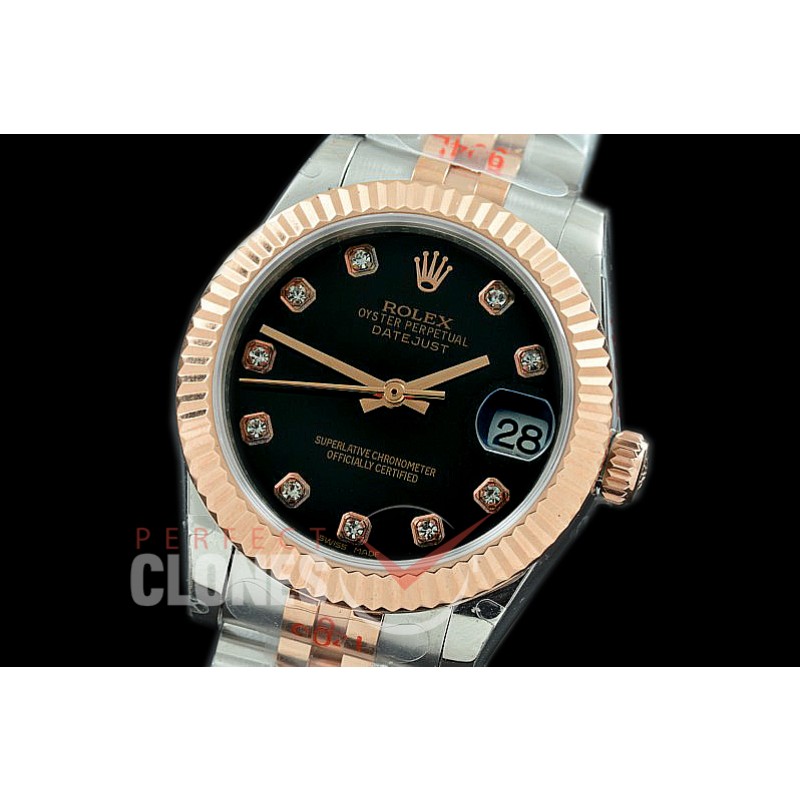 R31DJTR-112 GMF 904 Steel Datejust Midsize 278271 SS/RG Fluted/Jubilee Black Diamonds Asian Clone 2824