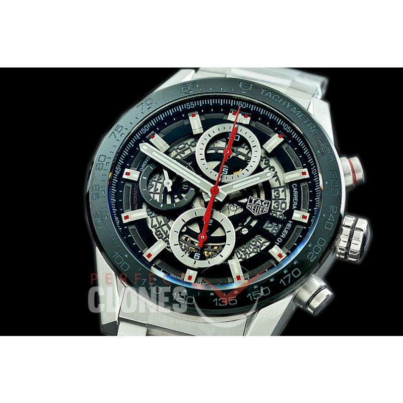 0 0 0 0 0 0 TGCH1-43-001 XF/VSF Carrera Heuer-01 43mm Chronograph SS/SS Black Skeleton A-7750 