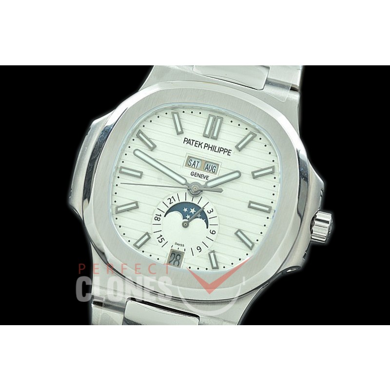 PP-5726-031 V9F Nautilus 5726 Annual Calender SS/SS White Miyota 9100 Mod to Calibre 324