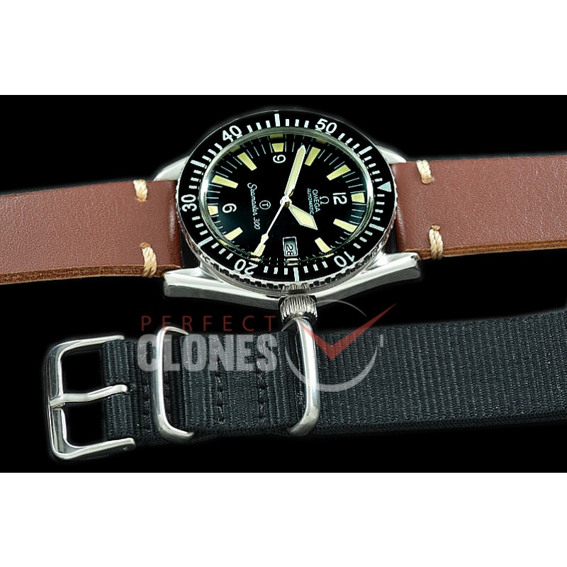 0 0 OMSEV00107 ANF Vintage Seamaster 300M Date SS/LE Black A-2836 - Free Nato Strap Bundle 