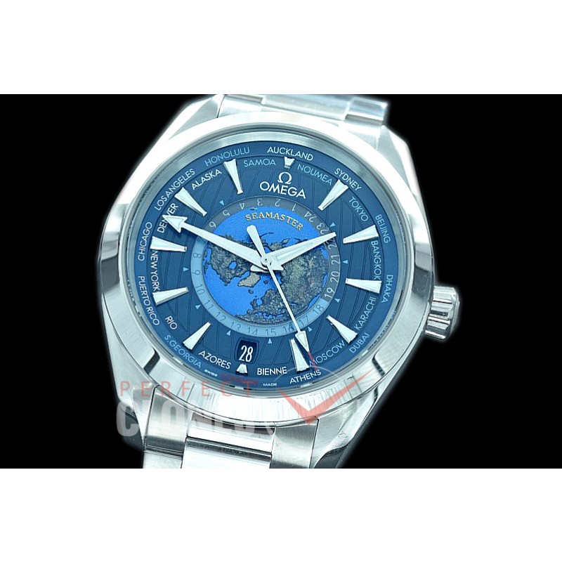 0 0 0 0 OMAT43.5-021 XF/VSF Aqua Terra Worldtimer Automtaic SS/SS Blue VS Cal 8938 Superclone