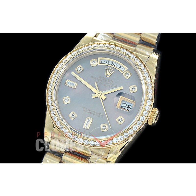 R36DDF-019D GMF 128348RBR 2019 DayDate YG/YG Fluted/President MOP Black Diamonds A-2836