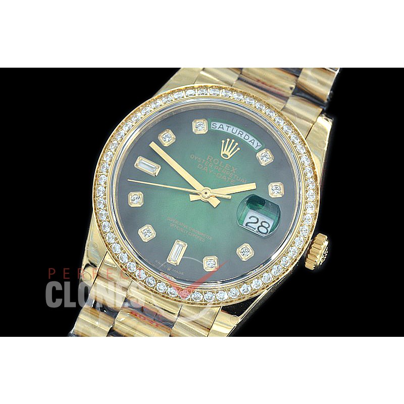 R36DDF-016D GMF 128348RBR 2019 DayDate YG/YG Fluted/President Smoke Green Diamonds A-2836