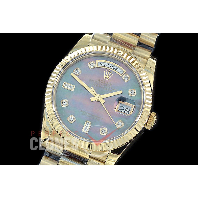 R36DDF-019 GMF 128238 2019 DayDate YG/YG Fluted/President MOP Black Diamonds A-2836
