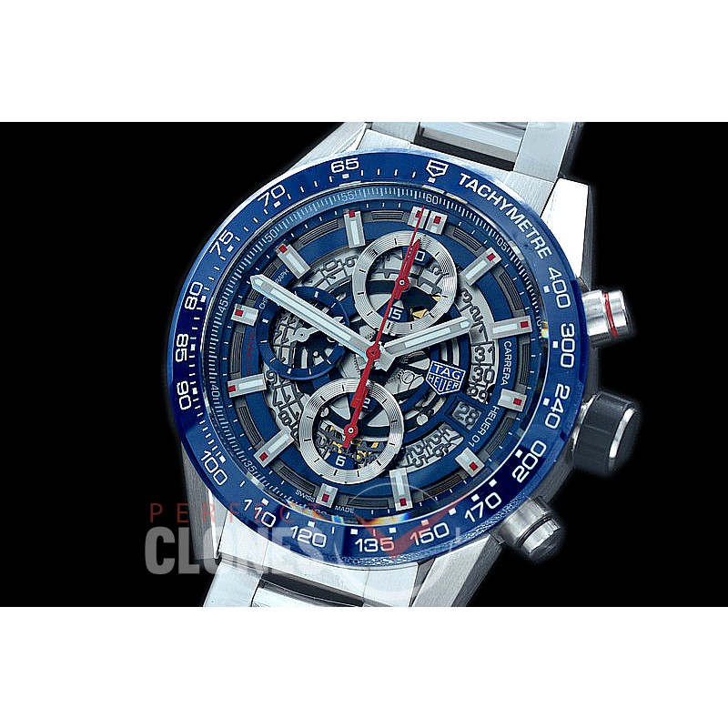 0 0 0 0 0 0 TGCH1-43-002 XF/VSF Carrera Heuer-01 43mm Chronograph SS/SS Blue Skeleton A-7750 