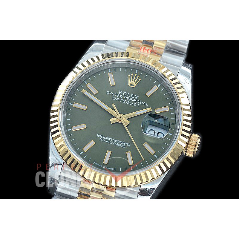 R36DJT-3235-106 GMF 126233 SS/YG Fluted/Jubilee Olive Green Sticks SH 3235 904L Steel 