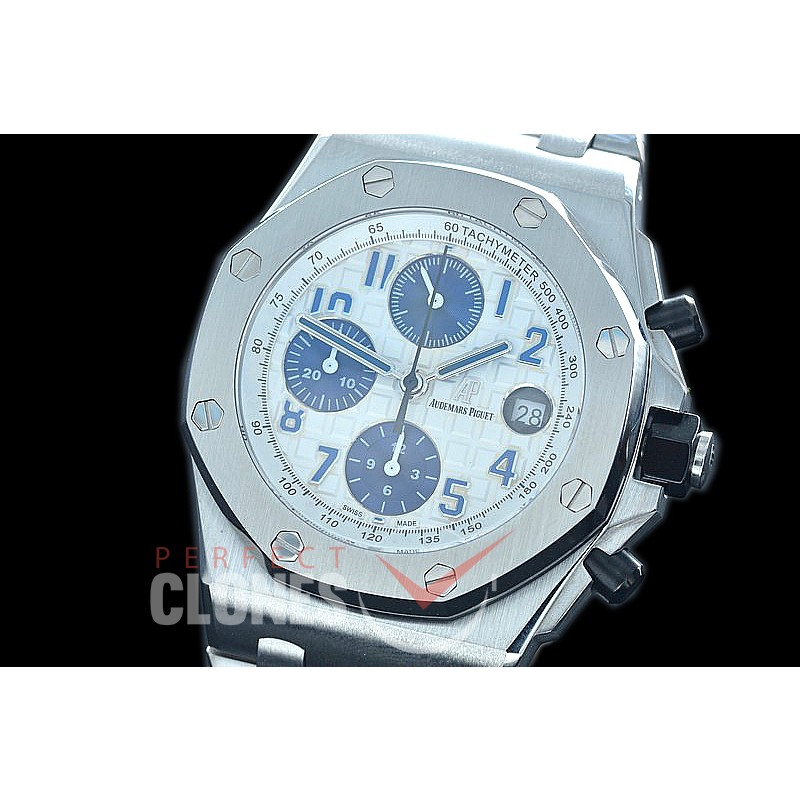 AP26470-505S BBVF Royal Oak Offshore SS/SS White/Blue A-7750 Mod to Calibre 3126/Secs@12 