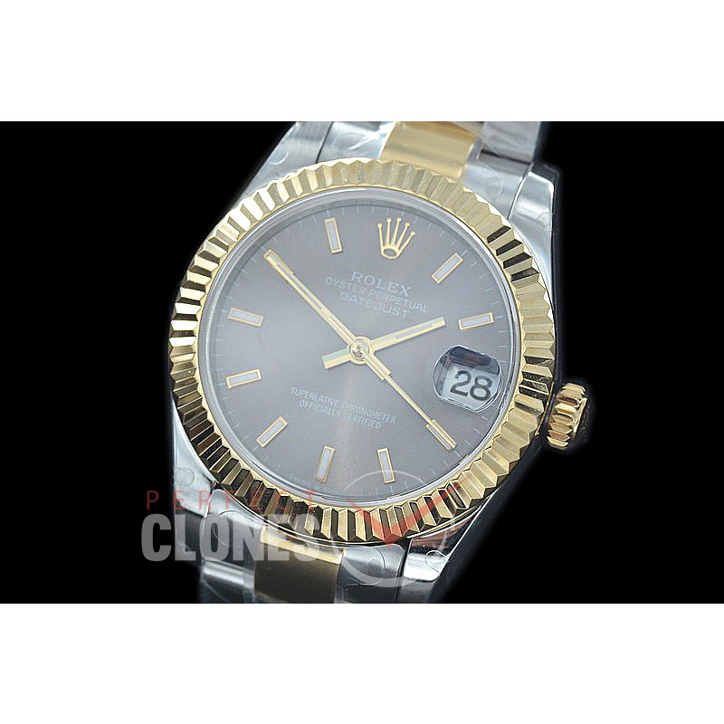 R31DJT-403 BP Datejust Midsize 278283 SS/YG Fluted/Oyster Dark Rhodium Grey Sticks Asian Clone 2824
