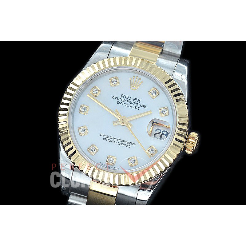 R31DJT-417 BP Datejust Midsize 278283 SS/YG Fluted/Oyster MOP White Diamonds Asian Clone 2824