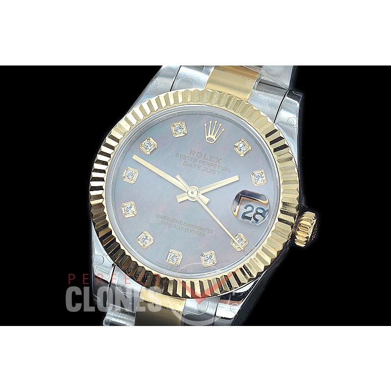R31DJT-418 BP Datejust Midsize 278283 SS/YG Fluted/Oyster MOP Black Diamonds Asian Clone 2824