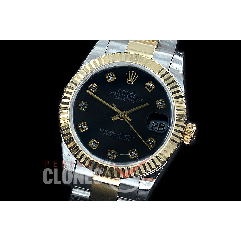 R31DJT-412 BP Datejust Midsize 278283 SS/YG Fluted/Oyster Black Diamonds Asian Clone 2824