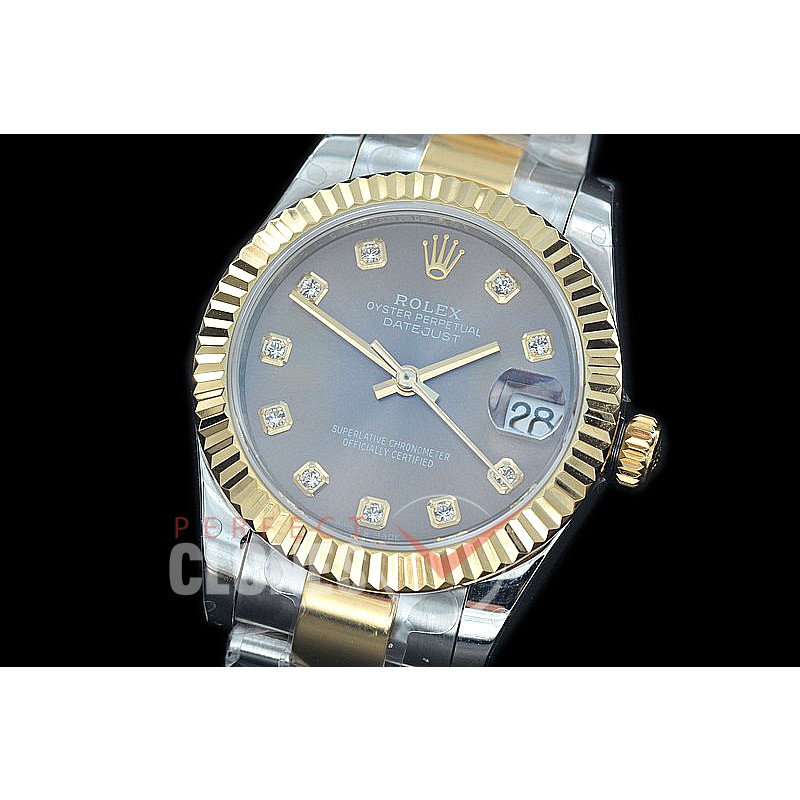 R31DJT-413 BP Datejust Midsize 278283 SS/YG Fluted/Oyster Dark Rhodium Grey Diamonds Asian Clone 2824