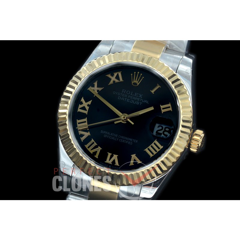 R31DJT-422 BP Datejust Midsize 278283 SS/YG Fluted/Oyster Black Roman Asian Clone 2824