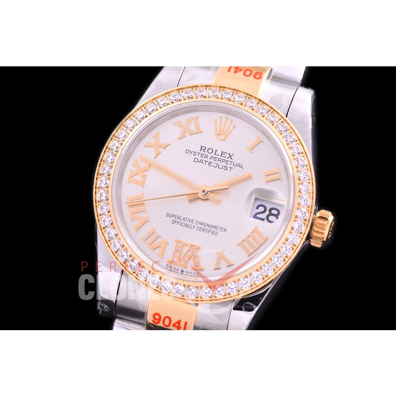 R31DJT-176D GMF 904 Steel Datejust Midsize 278383 SS/YG Fluted/Oyster Silver Roman-Diamonds Asian Clone 2824