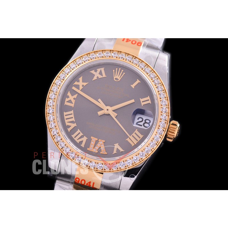 R31DJT-177D GMF 904 Steel Datejust Midsize 278383 SS/YG Fluted/Oyster Dark Rhodium Grey Roman-Diamonds Asian Clone 2824