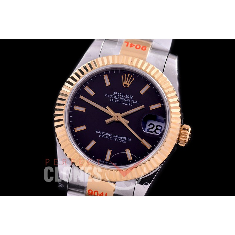 R31DJT-152 GMF 904 Steel Datejust Midsize 278383 SS/YG Fluted/Oyster Black Sticks Asian Clone 2824