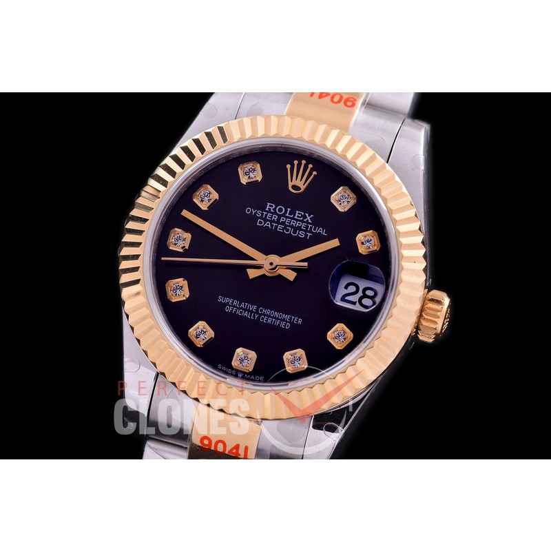 R31DJT-162 GMF 904 Steel Datejust Midsize 278383 SS/YG Fluted/Oyster Black Diamonds Asian Clone 2824