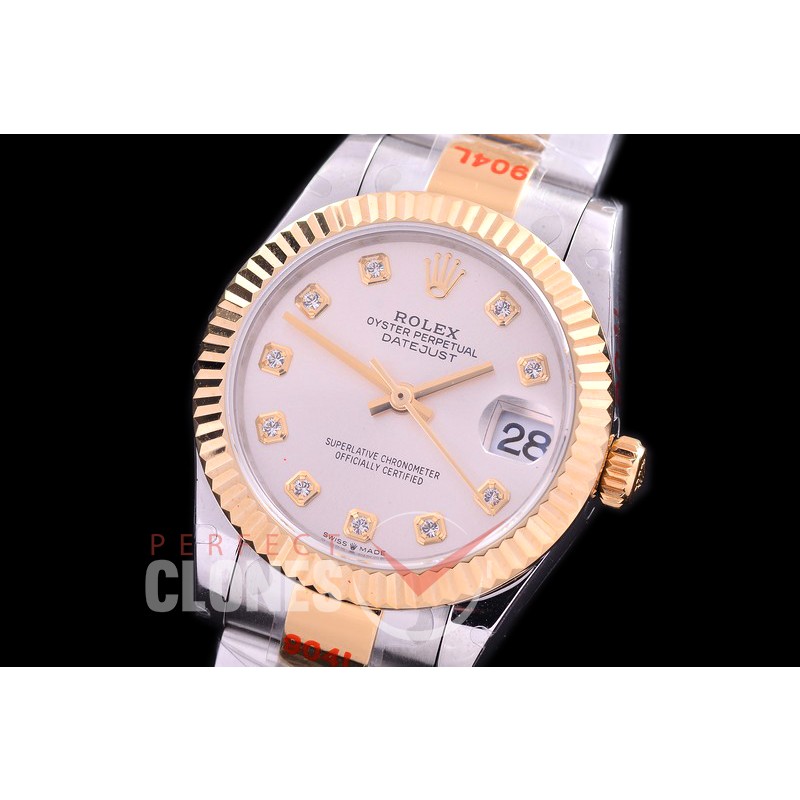 R31DJT-160 GMF 904 Steel Datejust Midsize 278383 SS/YG Fluted/Oyster Silver Diamonds Asian Clone 2824
