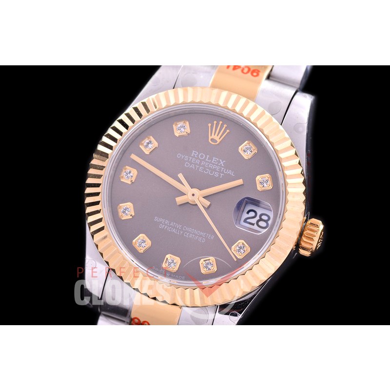 R31DJT-163 GMF 904 Steel Datejust Midsize 278383 SS/YG Fluted/Oyster Dark Rhodium Grey Diamonds Asian Clone 2824