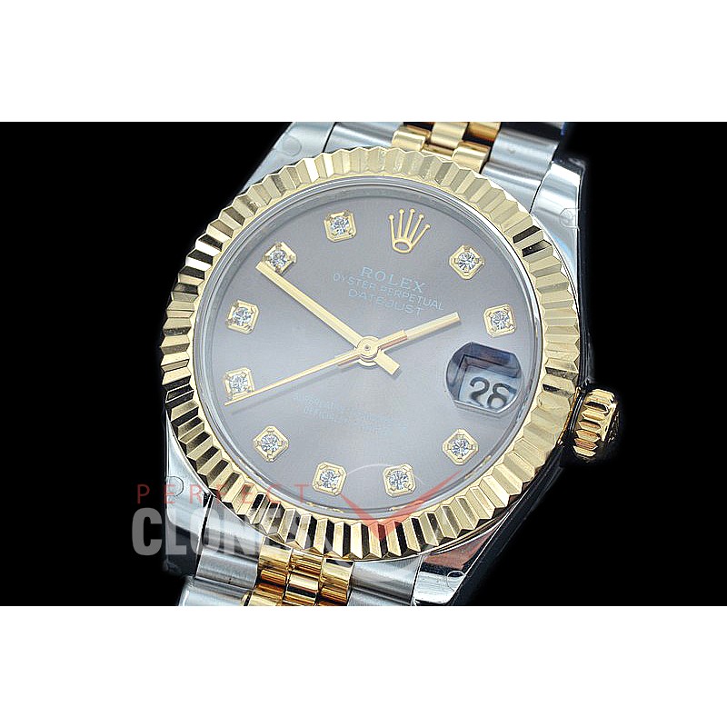 R31DJT-413J BP Datejust Midsize 278283 SS/YG Fluted/Jubilee Dark Rhodium Grey Diamonds Asian Clone 2824