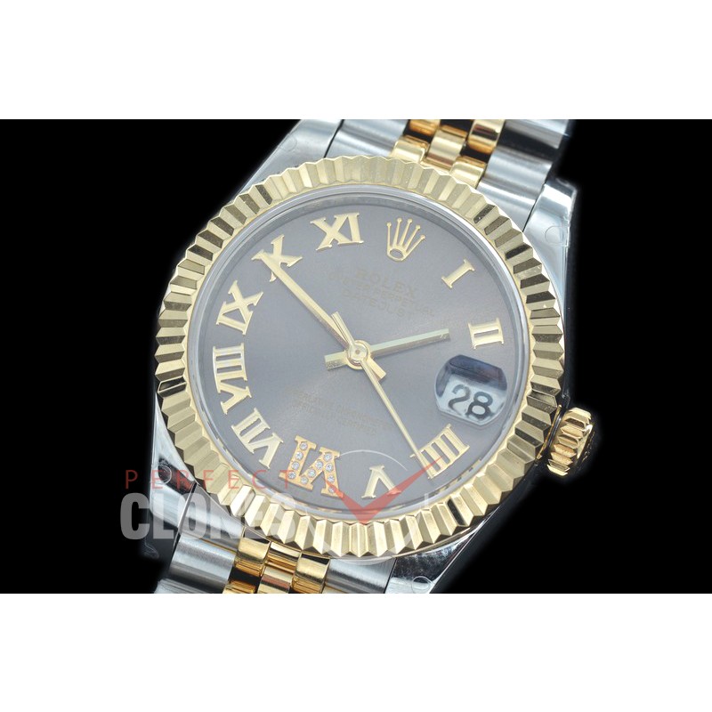 R31DJT-427J BP Datejust Midsize 278283 SS/YG Fluted/Jubilee Dark Rhodium Grey Roman-Diamonds Asian Clone 2824