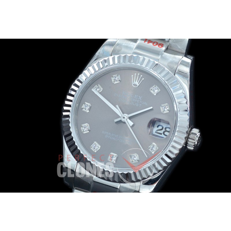 R31DJS-163 GMF 904 Steel Datejust Midsize 278274 SS/SS Fluted/Oyster Dark Rhodium Grey Diamonds Asian Clone 2824
