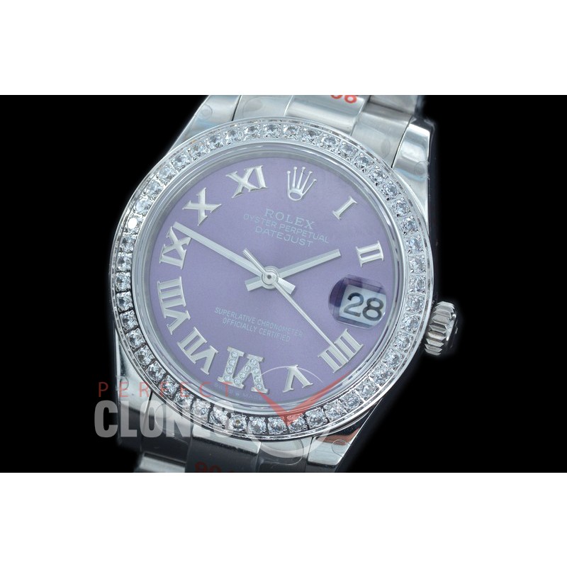R31DJS-179D GMF 904 Steel Datejust Midsize 278384 SS/SS Fluted/Oyster Violet Roman-Diamonds Asian Clone 2824