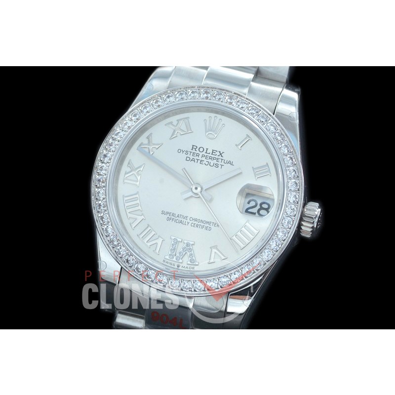 R31DJS-176D GMF 904 Steel Datejust Midsize 278384 SS/SS Fluted/Oyster Silver Roman-Diamonds Asian Clone 2824