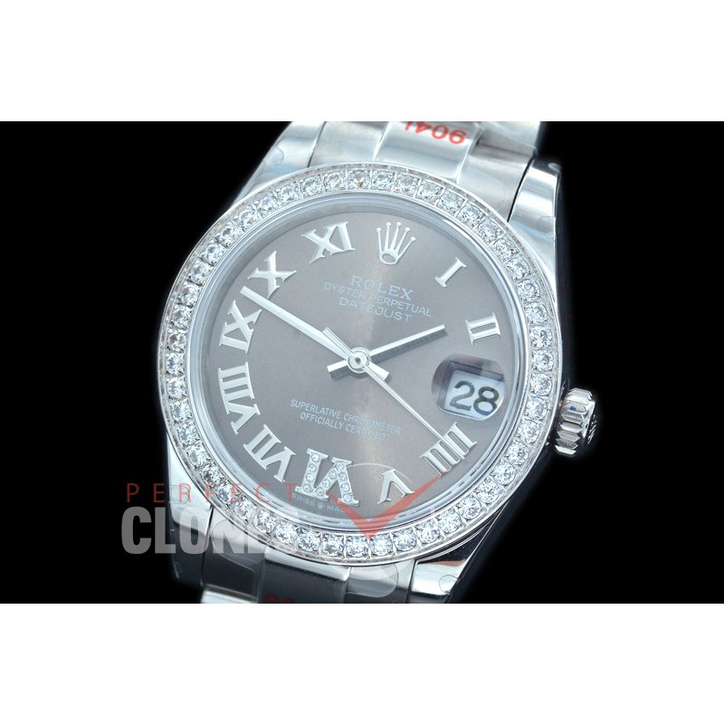 R31DJS-177D GMF 904 Steel Datejust Midsize 278384 SS/SS Fluted/Oyster Dark Rhodium Grey Roman-Diamonds Asian Clone 2824