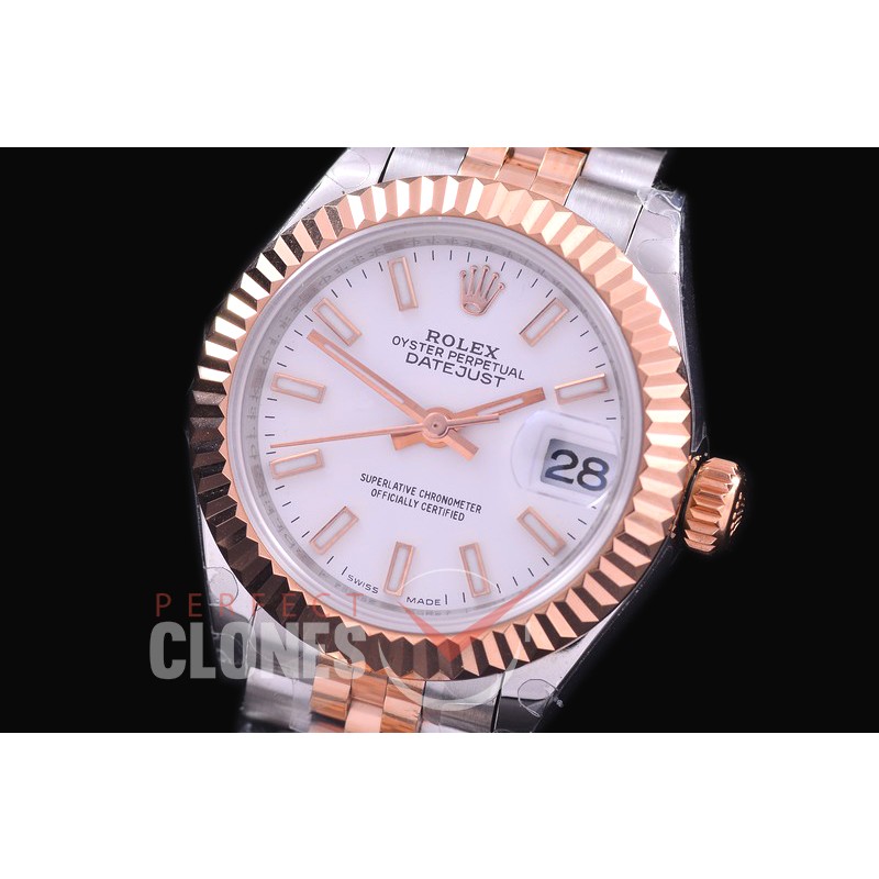 R28DJTR-401J BP Datejust 28mm Ladies 279171 SS/RG Fluted/Jubilee White Sticks Eta 2671