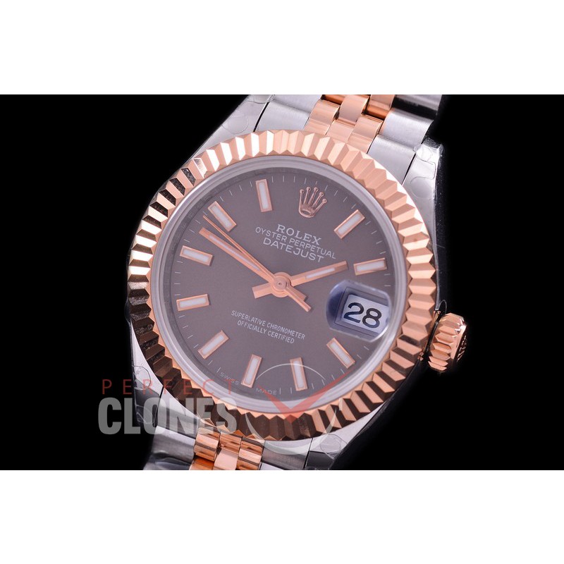 R28DJTR-403J BP Datejust 28mm Ladies 279171 SS/RG Fluted/Jubilee Dark Rhodium Sticks Eta 2671