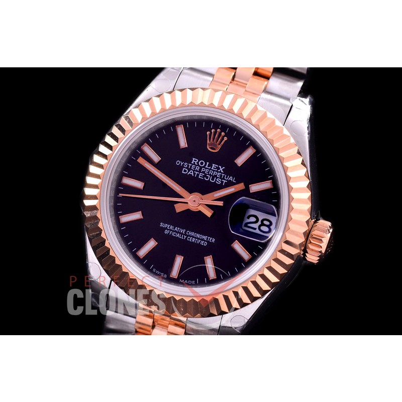 R28DJTR-402J BP Datejust 28mm Ladies 279171 SS/RG Fluted/Jubilee Black Sticks Eta 2671