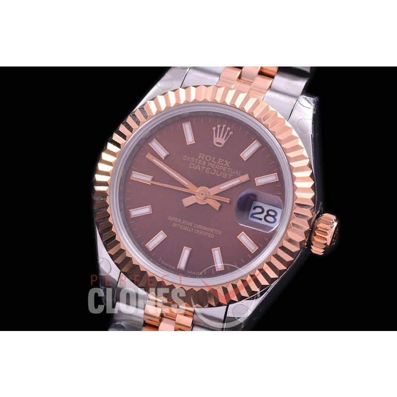 R28DJTR-406J BP Datejust 28mm Ladies 279171 SS/RG Fluted/Jubilee Brown Sticks Eta 2671
